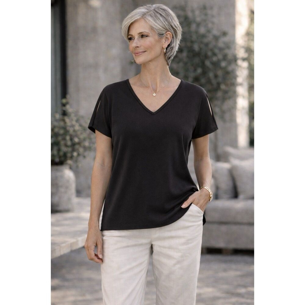 Sympli Size 14 Bamboo Knit Top‎ Black V Neck Short Sleeve Minimal Made in Canada